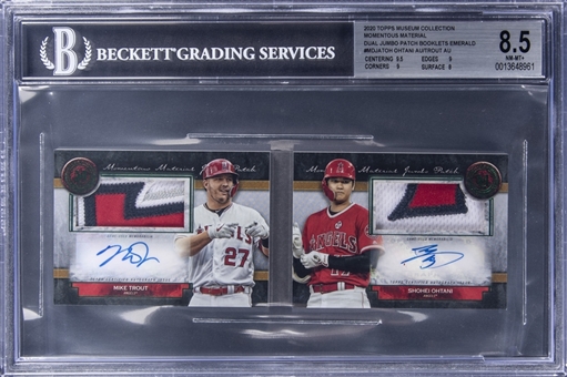 2020 Topps Museum Collection "Momentous Materials Jumbo Patch Autographs" Green #TOH Mike Trout/Shohei Ohtani Dual-Signed Patch Booklet (#1/1) - BGS NM-MT+ 8.5, BGS 10